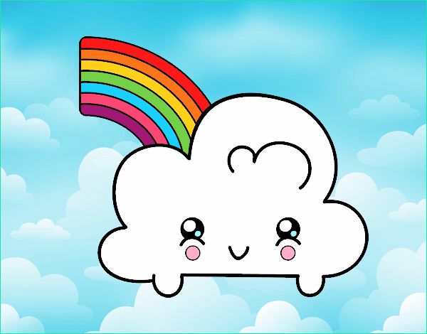 nuage avec arc en ciel kawaii colorie par