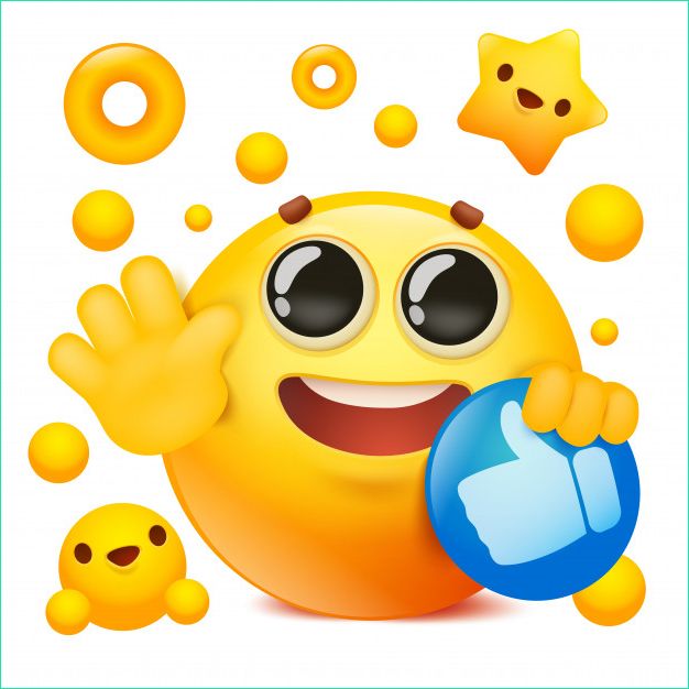 personnage dessin anime visage 3d emoji jaune sourire tenant icone reseau social