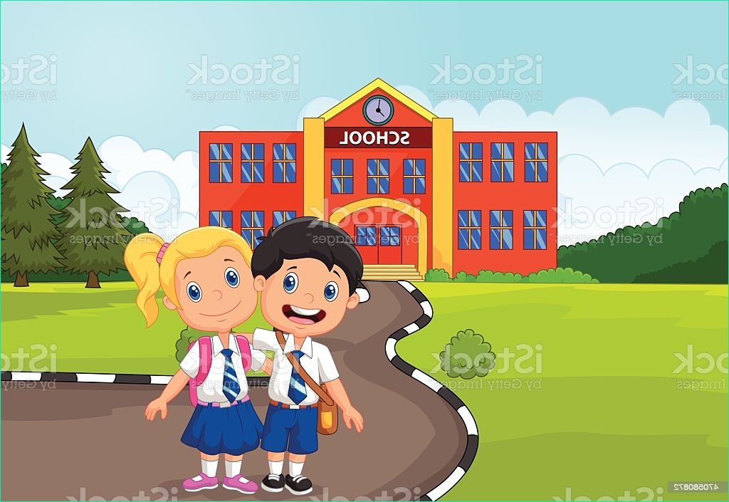dessin animé de deux heureux élèves debout devant le bâtiment de lécole gm