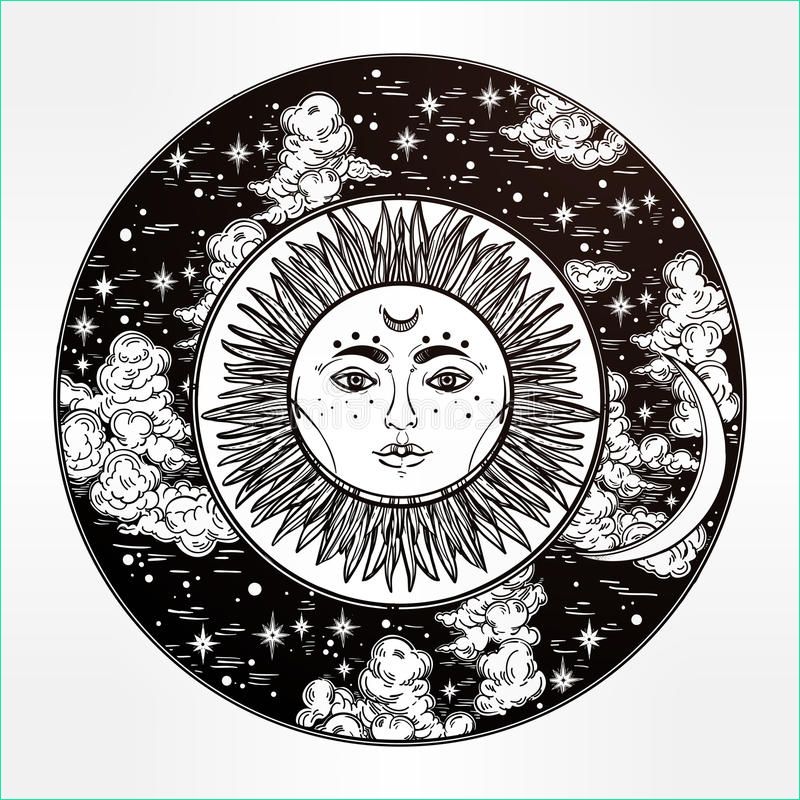 illustration stock dessin rond d un ciel nocturne avec le soleil lune à l intérieur image