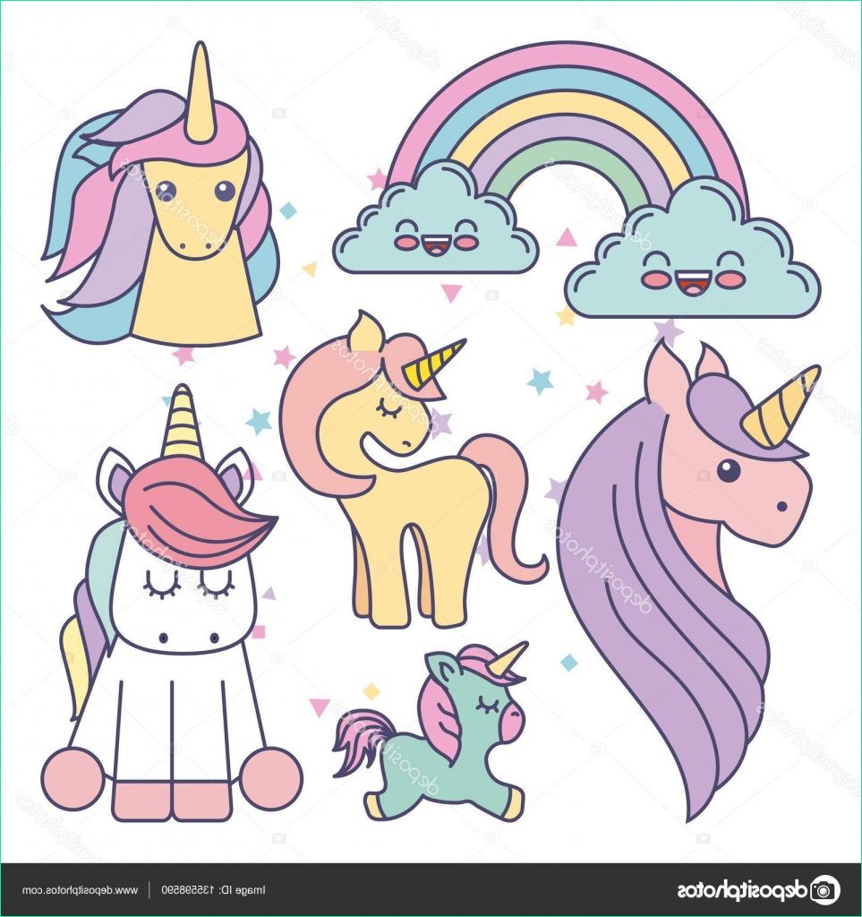 stock illustration drawing cute set unicorns icon