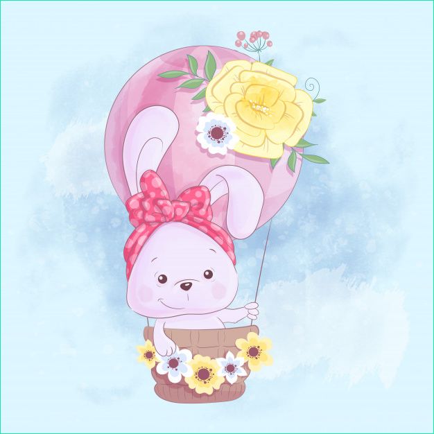 illustration dessin anime aquarelle lapin mignon dans ballon