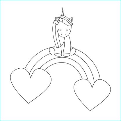 licorne dessin animé mignon assis sur un arc en ciel avec coeurs noir et blanc de gm